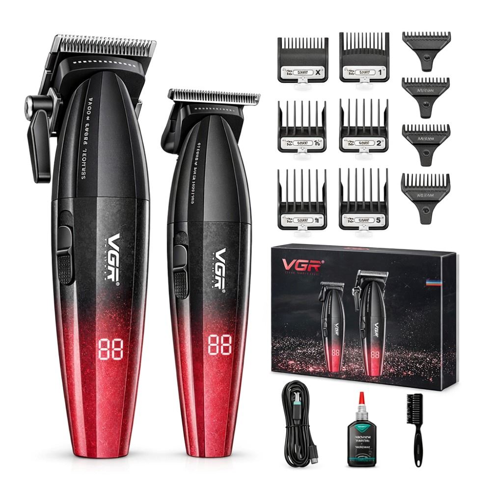 Kit Máquina Barbería Pro Clipper Trimmer Vgr V-640 9000 Rpm Rojo
